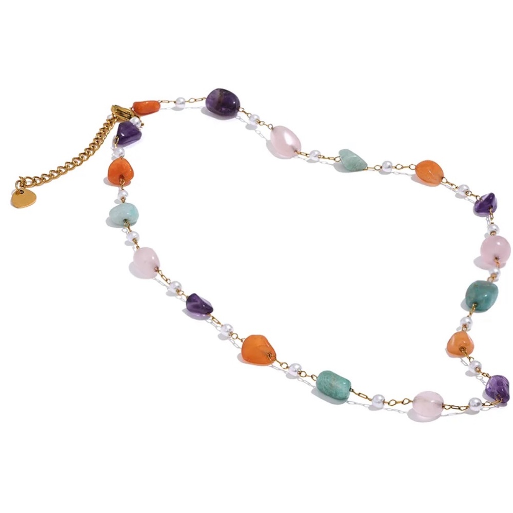 New 18k gold multi Natural Stone & Pearls Chain Stainless Steel Necklace - Picture 1 of 5